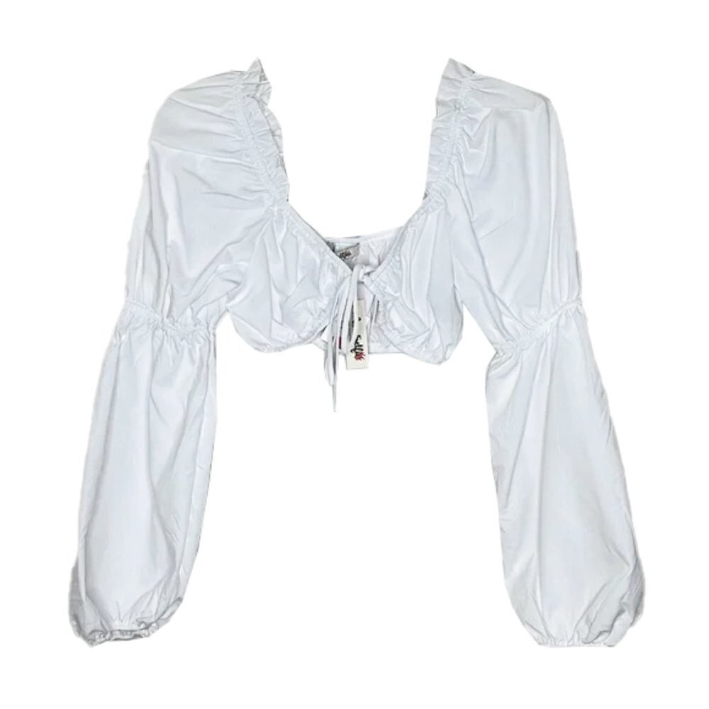 White Long Sleeve Tie-Front Crop Top